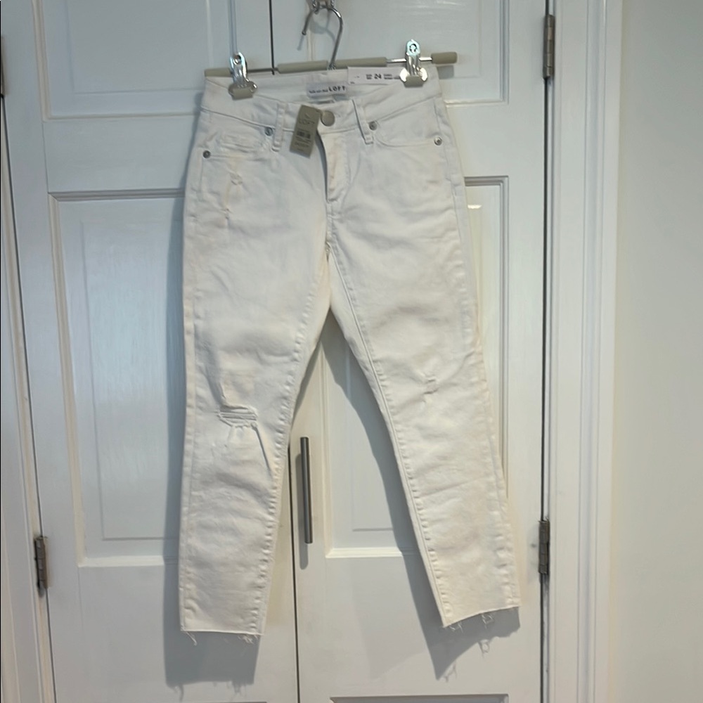 LOFT Cream Distressed Hem Jeans